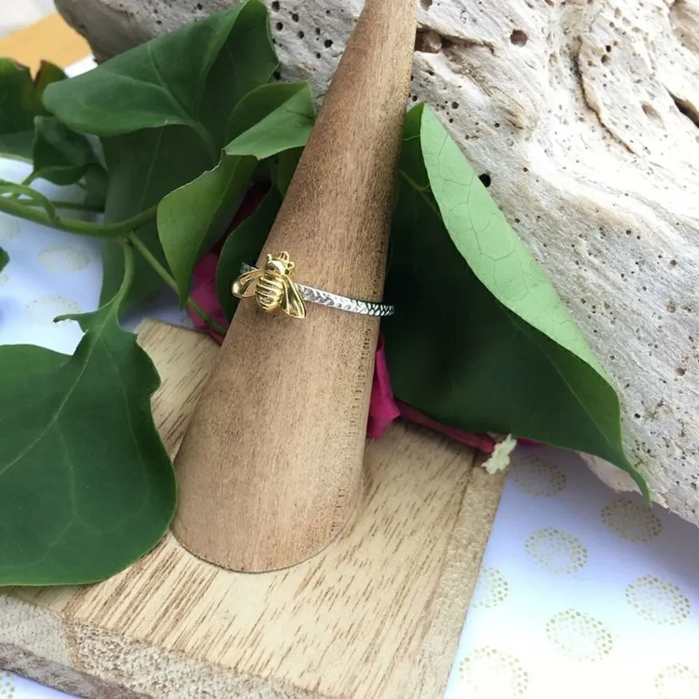 Bee two tone Solid Sterling Silver Yellow Gold Ring size 5,6,7,9